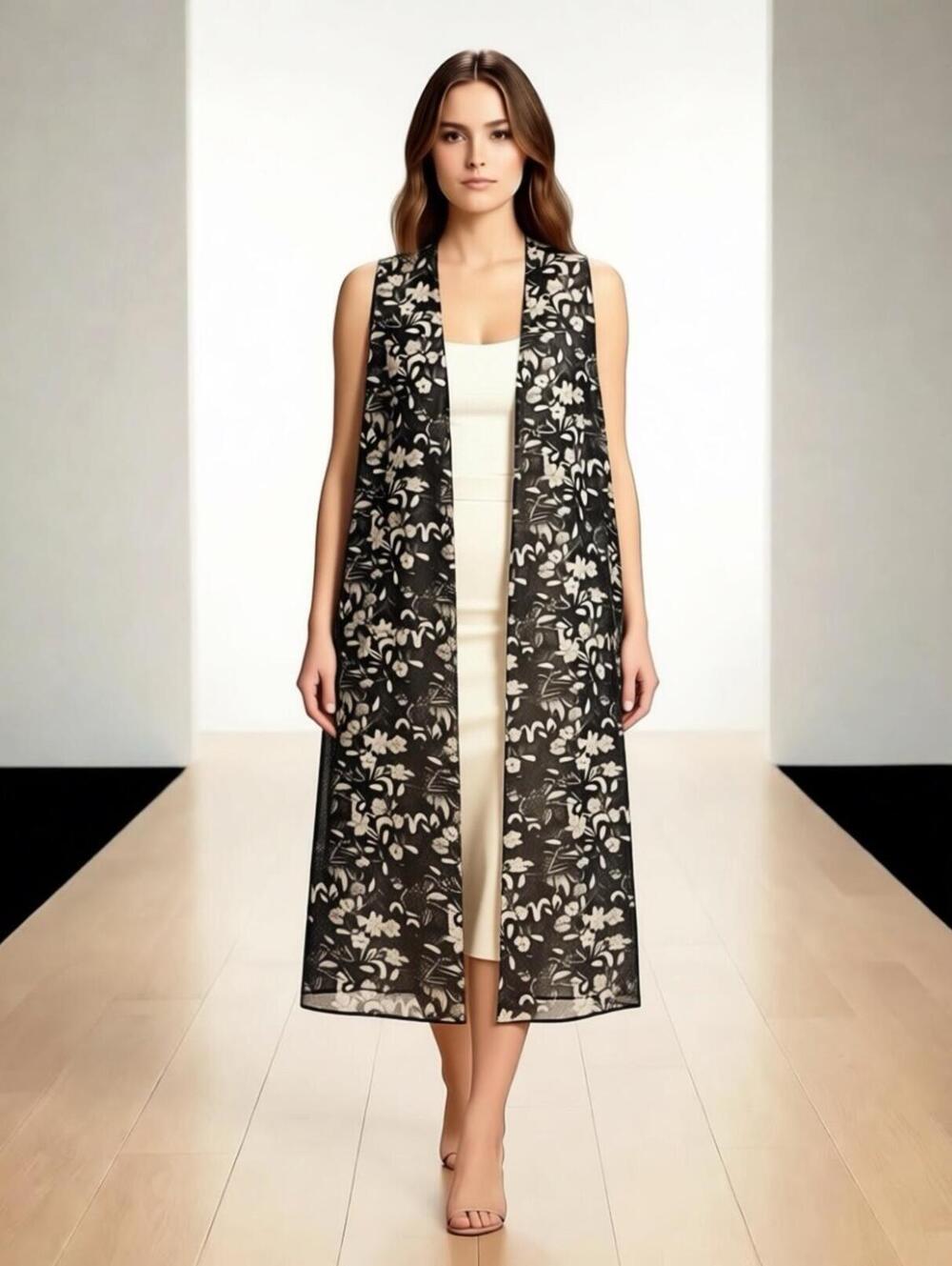 Lula Roe Black White Beige Cream Gray Floral Sheer Sleeveless Kimono Vest